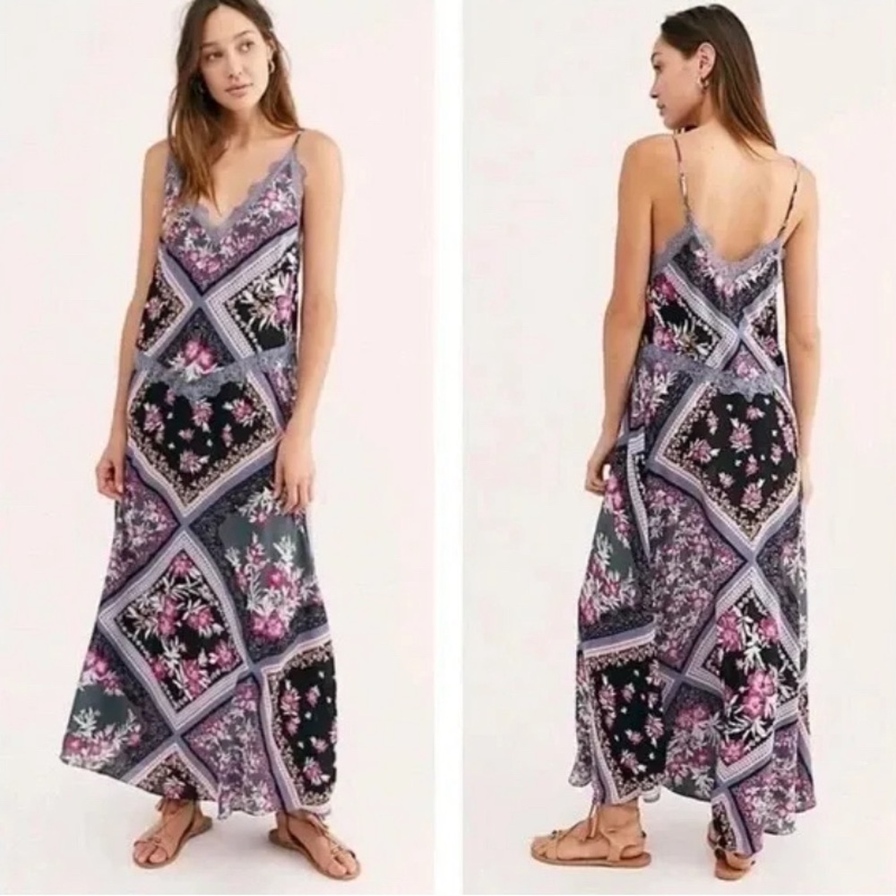Free People Stevie slip maxi dress floral patchwork beachy Boho XS Oversized